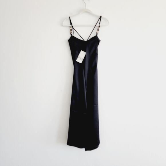 Zara Black Satin Effect Midi / Maxi Dress Gold Chain Spaghetti Straps Medium - Picture 10 of 13